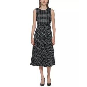 Calvin Klein Belted Plaid Midi Dress Size 14 Black Academia Career Fit & Flare